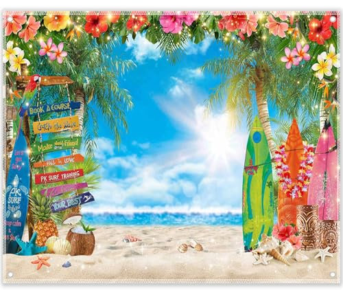 Luminora 3,0 x 2,4 m Sommer-Hawaii-Sonnenschein-Strand-Hintergrund, Tropische Blumen, Palmenblätter, Surfbrett-Hintergrund, Aloha, Blauer Himmel, Meer, Party-Dekorationen, Foto-Banner-Stand
