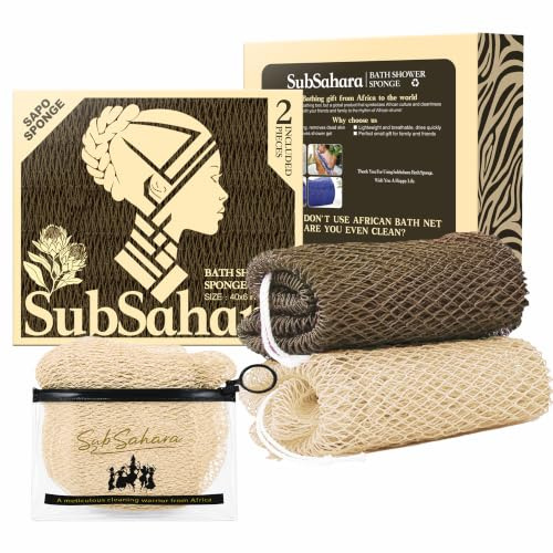 SubSahara Authentic African Net Sponge, 2 Pack 45-Inch Exfoliating Bath Sponge and Shower Loofah for Body and Back, Quick-Dry Durable Knotted Mesh Scrubber (Linen & Brown)