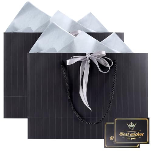 KATIMI 2 Piezas Bolsas de Regalo, Bolsa Regalo con Cinta + Asa + 2 Tarjeta de Felicitación + 4 Papel Sydney, Bolsas Regalo Grande para Celebración Fiesta Boda Navidad (Negro)