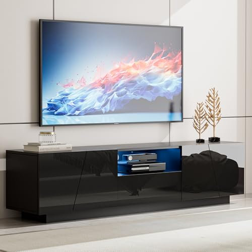 KZNGK TV Schrank Hochglanz mit LED Beleuchtung, TV Lowboard für Fernseher bis zu 70 Zoll,Fernsehtisch mit Schrank und Schublade, Fernsehschrank für Wohnzimmer Schlafzimmer,160 x 40 x 35cm (Schwarz)