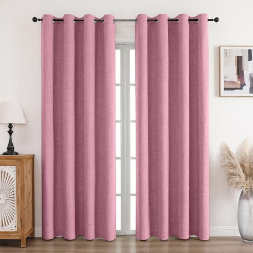 CUCRAF Tende oscuranti in 100% lino, con occhielli, colore rosa, 225 x 140 cm, set da 2 pezzi, per soggiorno, camera da letto