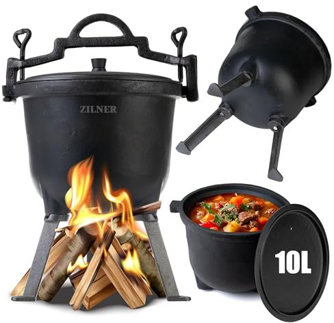 ZILNER Gusseiserner Kessel 10 L - Outdoor Gulaschkessel mit Dreibein, Schraubdeckel & Standfüßen - Schmortopf für Lagerfeuer, Grill & Camping - Dutch Oven Hexenkessel (Schwarz, 10 L)