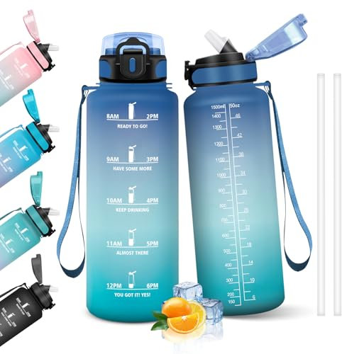 HoneyHolly Gourde, 1.5L Bouteille, Gourde Sport avec Paille, Gourde Motivation avec Marqueur de Temps, Bouteille d'eau, Étanche, Bouteille d'eau pour Randonnée, Camping, Fitness, Cyclisme
