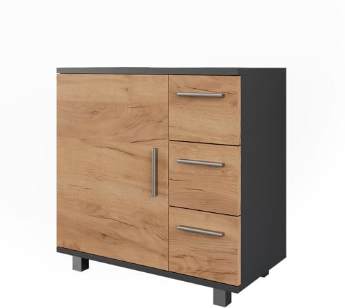Vicco Waschbeckenunterschrank Ilias, Anthrazit/Goldkraft Eiche, 60.2 x 60.8 cm mit Tür und 3 Schubladen