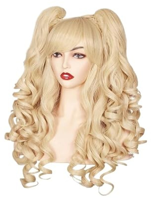 Peloes de Mujer Damen Kunsthaar 24 Zoll Lange Lockige Cosplay-Perücke Halloween-Perücken For Partys Mit 2 Pferdeschwänzen Haarverlängerungen(Blonde)