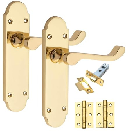 Golden Grace Victorian Scroll Door Handle Set, Polished Brass, 1 Set