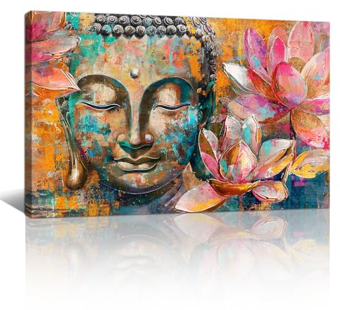 Großes Farbenfrohe Buddha Leinwand Bilder Mit Rahmen Vintage Zen Lotus Blumen Wandbilder Spirituell Meditation Bild Auf Leinwand Wandkunst Deko für Spa Yoga Flur Wohnzimmer Schlafzimmer 60x90cm