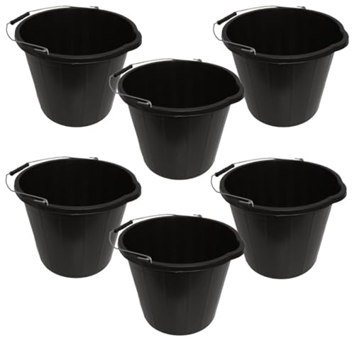 LITETRON Pack of 6 Builders Bucket, Black Plastic, 14L/3 Gallons, Heavy Duty Construction, Sturdy, Feed, Water, Garden Multipurpose (6)
