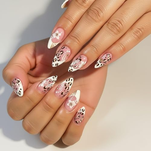 Pink Press On Nails, Almond False Nails With 3D Flowers And Gold Accents | White Bases, Dark Brown Animal-Style Markings, Fine Lines, Raised Gem-Like Décor, For Home Manicures And Social Events
