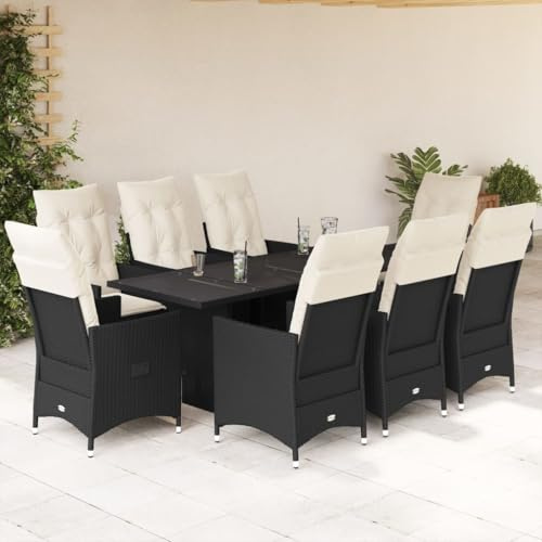 Yunovire 9-TLG. Garten-Essgruppe Schwarz Poly Rattan, verstellbare Relaxsessel, Hartglas-Tisch, Bequeme Kissen, für Terrasse, Balkon, Außenbereich