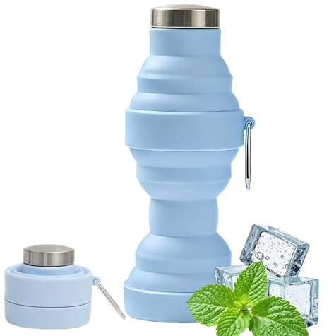 dellyy Botella Plegable 550ml, Botella Agua Plegable Silicona, A Prueba de Fugas y Portátil, Libre de Bisfenol A – Ideal para Running, Camping, Viajes y Desplazamientos (Azul)