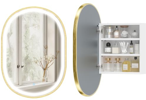 HOMCOM Armoire Murale Salle de Bain Miroir Éclairage LED 50x14,5x70cm Doré | Meuble Salle de Bain, Porte Ovale, Alliage d'Aluminium, Anti-Buée, 3 Températures de Lumière, Étagères Réglables