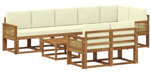 vidaXL Outdoor-Sofagarnitur mit Kissen 9 pcs Natur und Creme Polyester, Stylisches Außensofa, wetterfestes Set, Bequeme Sitzgelegenheit für den Garten, Akazienholz Möbel