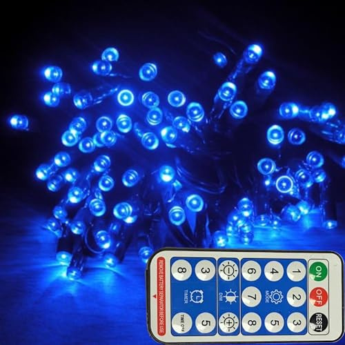 RunQiao - Guirlandes lumineuses solaires bleues pour jardin extérieur étanches de 164 pi / 50 m avec 500 DEL pour arbres, terrasse, clôture, mariage, fête, 8 modes avec télécommande, chargement USB