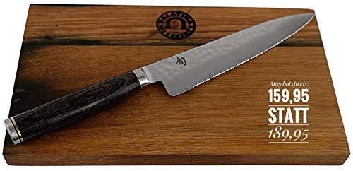 Kai Shun Premier Tim Mälzer TDM-1722 - Cuchillo multiusos para tomates con filo ondulado (hoja de 16,5 cm, incluye tabla de cortar de madera de roble de 25 x 15 cm)