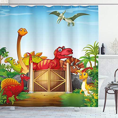 ABAKUHAUS Dino Duschvorhang, Cartoon-Dinosaurier in Park, Stoffliches Gewebe Badezimmerdekorationsset mit Haken, 175 x 200 cm, Blau Orange Grün