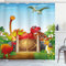 ABAKUHAUS Dino Duschvorhang, Cartoon-Dinosaurier in Park, Stoffliches Gewebe Badezimmerdekorationsset mit Haken, 175 x 200 cm, Blau Orange Grün