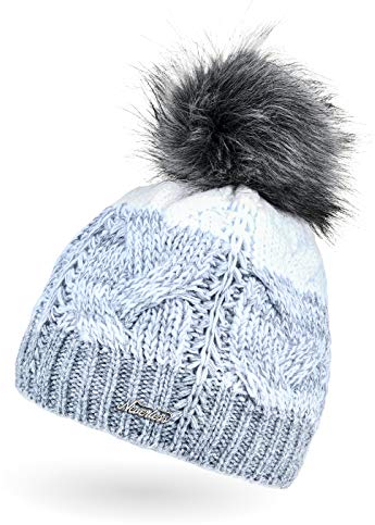 Neverless® Damen Strick-Mütze gefüttert Fleece-Innenfutter Fell-Bommel Kunstfell Winter-Mütze Bommelmütze Zopfmuster Mehrfarbig hellblau-weiß