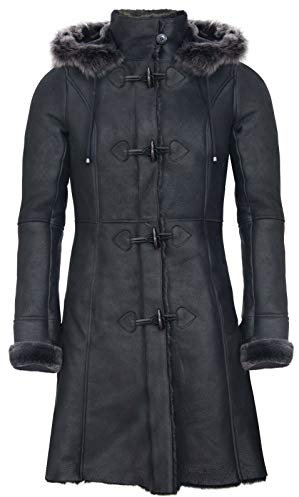 Infinity Leather Damen Merino Schwarz Shearling Schaffell Kapuze Dufflecoat S