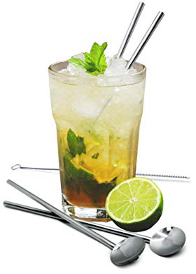 VB VIN BOUQUET FIK 639 Set de Cepillo y 4 pajitas-Cuchara Reutlizables. Ideales para cocteles, Batidos, zumos, Acero Inoxidable 18/8, 2