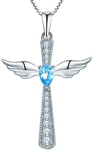 YL Collar Cruz Ala de Ángel Plata de Ley 925 Aguamarina de Piedra Natal de Marzo Colgante Ángel de la Guarda para Mujer, Cadena 45 + 3 CM