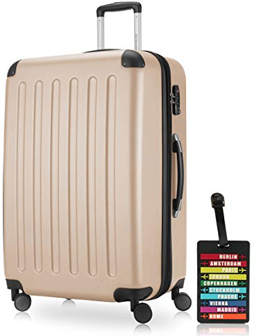Hauptstadtkoffer - Spree - Hartschalenkoffer Rollkoffer + Kofferanhänger, erweiterbarer Reisekoffer, 4 Rollen, TSA, 75 cm, 119 Liter, Champagner