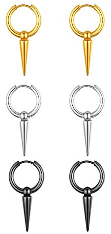 JewelryWe Schmuck 3 Paare Spike Dangle Creolen Edelstahl Ohrringe Ohrrhänger Ohrstecker mit Drop baumelnd Anhänger für Herren Damen Silber/Gold/Schwarz
