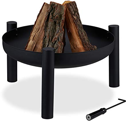 relaxdays Brasero de Jardin, Ø 60 cm, tisonnier Inclus, terrasse, bac à feu en Acier, extérieur, Grand Foyer, Noir