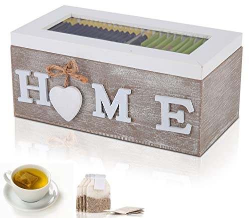 Scatola da Tè in Legno con Coperchio,Scatola Portaoggetti per Bustine di Tè,Porta Bustine Zucchero Organizer per Bustina di Tè Portaoggetti per Bustine da Tè a 2 Scomparti Contenitore per tè diviso