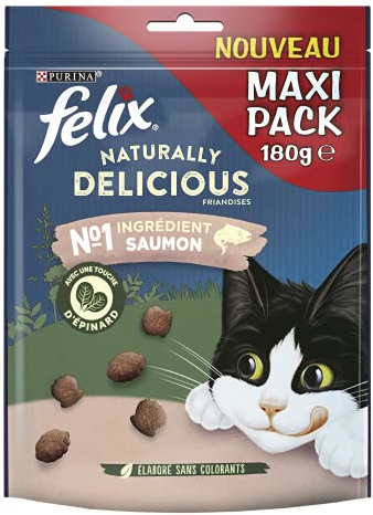 FELIX | NATURALLY DELICIOUS | Snacks Chat Adulte | Friandises au Saumon | Aliment complémentaire riche en Protéines et Vitamines Oméga 6 | Sachets Fraîcheurs | Lot de 6 x 180 g