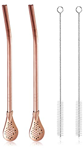 Cuchara de Filtro de Paja de Acero Inoxidable Extraíble con 2 Cepillos de Limpieza, Yerba Mate Bombilla Paja, Cuchara de Paja de Metal Reutilizable, para Beber Té Suelto, Café Helado, Oro Rosa