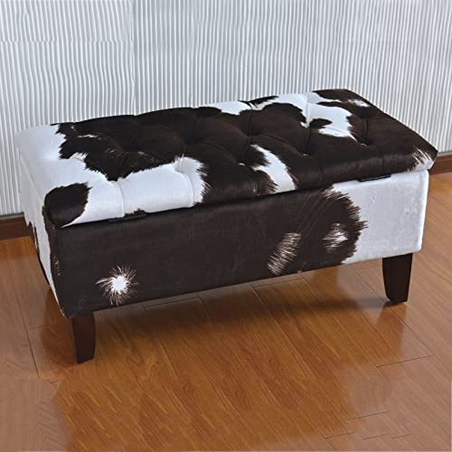Gepolstert Bedruckt Polsterhocker Mit Holzbeinen,Rechteckigen SPEICHER OSMANISCHE BANK Für Schlafzimmer Entryway Living Room,Künstliches Kuhfell Sitzhocker Mit Stauraum-Dunkle curryfarbe 90x45x45cm(35