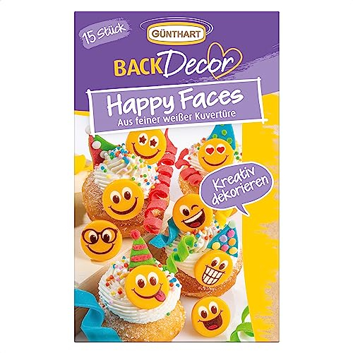 Günthart BackDecor | 15 Happy Faces | aus weißer Schokolade | Tortenaufleger | fröhliche Gesichter | unterschiedliche Motive