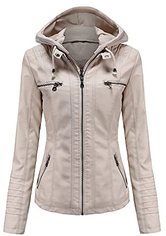 E-girl Damen Kunstleder Kurze Bikerjacke mit Kapuze Jacke,EU 36-52 | Abnehmbare Kordelkapuze,mehrere Reißverschlusstaschen,besäumte Manschetten,Stadtreise,leichtes‑Außen