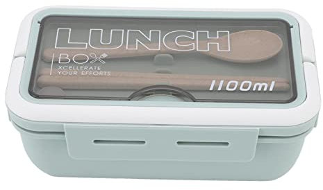 Acouto Lunch Box a Scomparti, 2 Scomparti 1100ml Beauty Box per Adulti con Bacchette Cucchiaio per Office School(Verde)