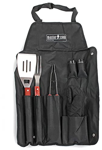 MasterCook Kit d'accessoires Professionnels en Acier pour Barbecue avec Tablier, Ensemble d'accessoires BBQ avec Pince, Fourche, spatule et Gant, Accessoires Barbecue