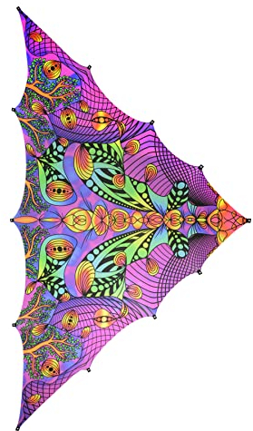 PSYWORK Schwarzlicht Segel Spandex | Dreieck XL Lemon Tree Wonderland Violet | 3,25 x 6,50m | UV-aktiv | leuchtend | Wandtuch Wandbehang Stoff Neon Deko Party Tuch Tapestry Poster Psy Goa
