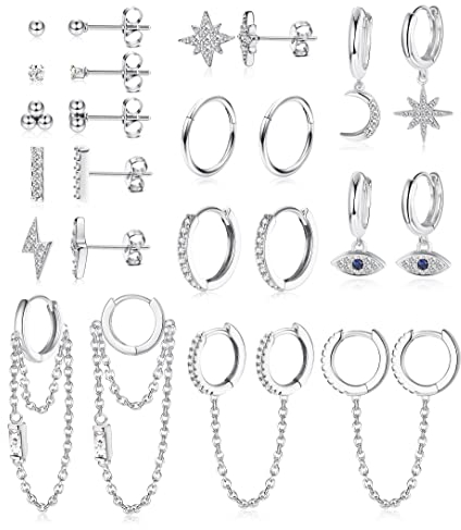 JeweBella 12Paar Kleine Ohrstecker Damen Set Edelstahl Mini Creolen Anhänger mit Kette Stern Mond Ohrringe Hypoallergen Zirkon Ball Evil Eye Ohrringe Set Gold/Silber