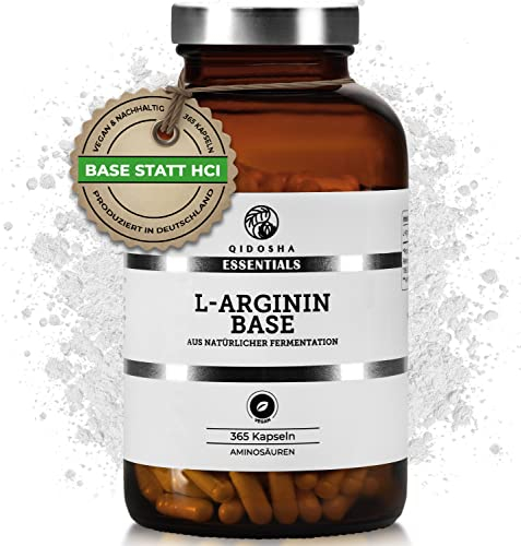QIDOSHA® Premium L Arginin Base (nicht einfaches HCl), 365 Stk/Glas, 500mg je Kapsel, rein pflanzliche Aminosäure aus Topinambur und Zuckerrohr gewonnen, jede Charge laborgeprüft