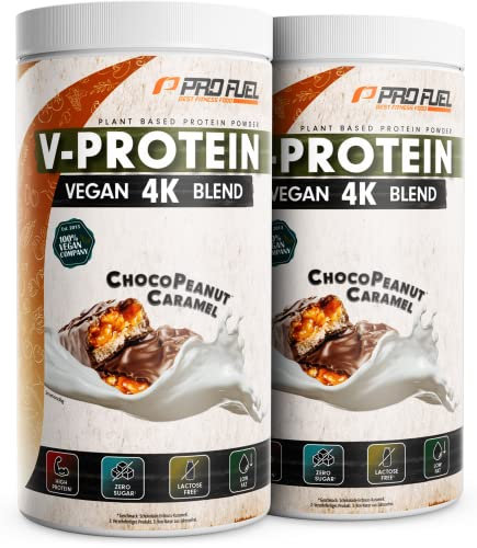 Vegan Protein Pulver CHOCO PEANUT CARAMEL 2x750g – V-PROTEIN 4K Blend - Unglaublich lecker & cremig - Aus Sonnenblumen, Soja, Hanfsamen & Kürbiskernen - Pflanzliches Eiweißpulver mit 74% Eiweiß