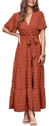 MASCOMODA Womens Boho Swiss Dot Maxi Dresses Wrap V Neck Flutter Short Sleeve Solid Tie Belt A Line Tiered Flowy Long Dress(Orange,Large)