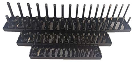 3Pc Socket Organizer Set Black Metric Socket Trays 1/4Inch 3/8Inch & 1/2Inch Drive and Shadow Socket Holders