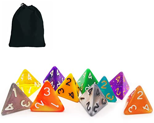 Bescon 10pcs Set of Polyhedral 4 Sided Dice Cube, 10 Count Assorted Random Multi Effected&Colored Pack of D4 in Drawstring Pouch