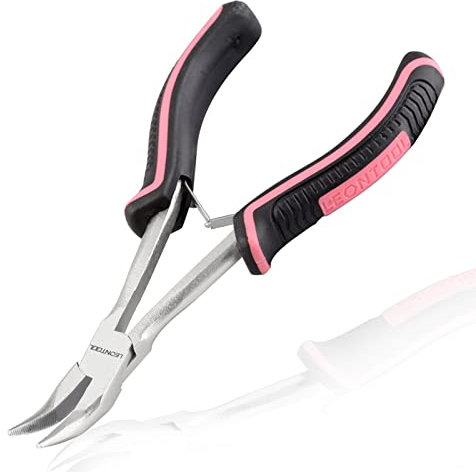 LEONTOOL Long Reach Bent Nose Pliers with Serrated Jaw - 6 Inch Mini, Pink Tool for Women, Jewelry Making and Tight Spaces