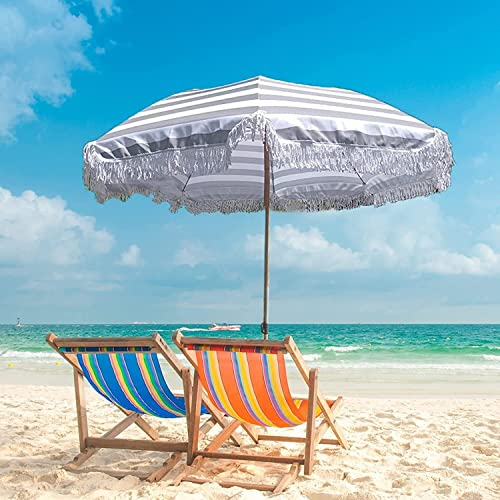 NEWCES 2M grau+weiß gestreifter Sonnenschirm Hawaii Strandschirm Outdoor Gartenschirm Sonnenschutz |wasserdichte Baumwollquaste + Polyester-Garten-Balkon-Heimdekoration