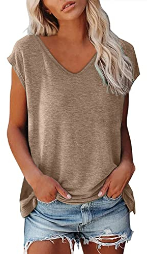 Blusentops Damen Kurzarm T-Shirt Damen, Frauen Cap Sleeve Sommer Casual Tops V Ausschnitt Einfarbig Casual Shirts Loose Fit Bluse Damenbluse Tops Sommer Damen Tshirt #749
