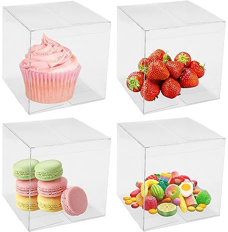 MAOQYE 10PCS 12x12x12cm Clear Wedding Favour Boxes with Protective Film, Large PVC Transparent Square Gift Boxes for Party Gift Candy Birthday Cake