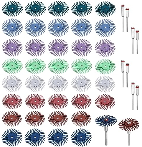 Mesee 50Pcs Radial Bristle Disc Assortment 25mm/1'' Detail Abrasive Brushes with 2.35mm & 3mm Mandrels Gap Polishing Wheel for Finishing Deburring Buffing, Mixed Grit 80/120/220/320/400/600/1000/2500