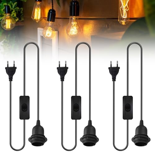Molbory Lot de 3 Douilles E27 Avec Câble et Interrupteur - Noir, 1,8 m, Anneau à Vis - Pour Cuisine, Salon