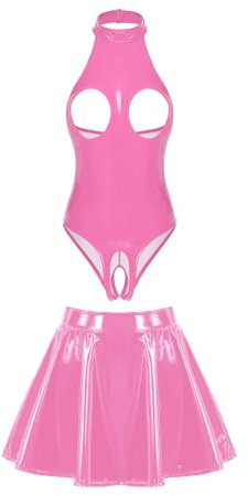 CHICTRY Damen Lack Leder Body Busenfrei Catsuit Offener Schritt Dessous Mit A Linien Rock Latex Minirock Pole Dance Outfit Rosa 4XL